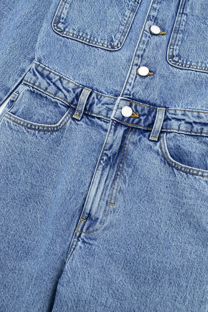 Drune | Lässiger Street Einfarbiger Taschenknopf Umlegekragen Lange Ärmel Lockere Denim Overalls