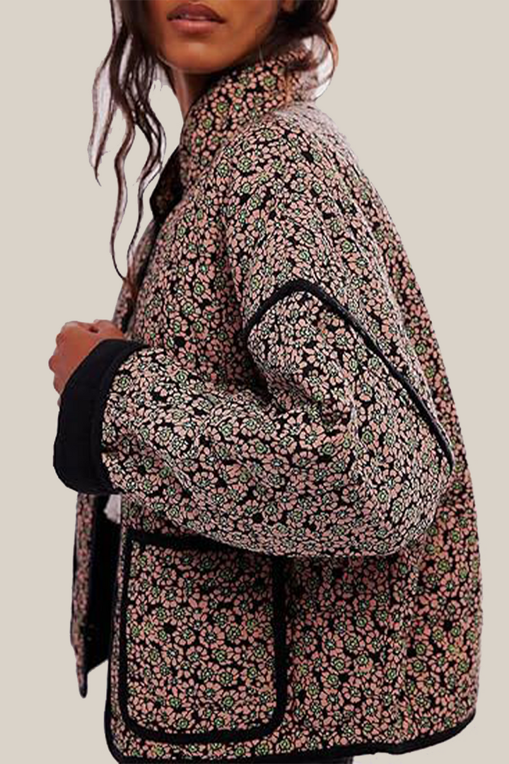 Drune | Lässige Blumen Tasche Patchwork Kontrast Mandarin Kragen Outerwear - 12 Farben