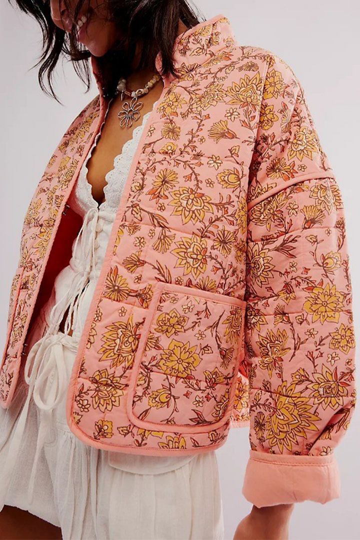 Drune | Lässige Blumen Tasche Patchwork Kontrast Mandarin Kragen Outerwear - 12 Farben