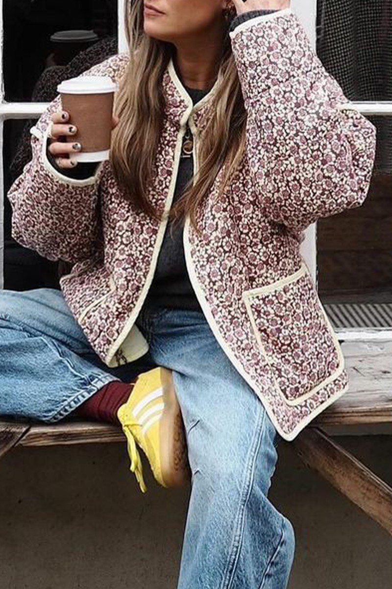 Drune | Lässige Blumen Tasche Patchwork Kontrast Mandarin Kragen Outerwear - 12 Farben