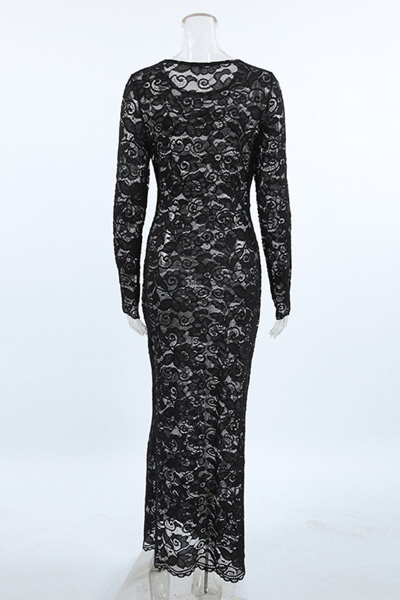 Drune | Sexy Spitze Durchsichtige O-Ausschnitt Spitzenkleid Kleider