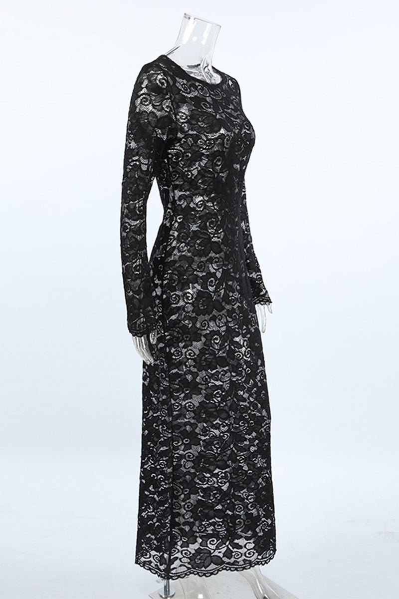 Drune | Sexy Spitze Durchsichtige O-Ausschnitt Spitzenkleid Kleider