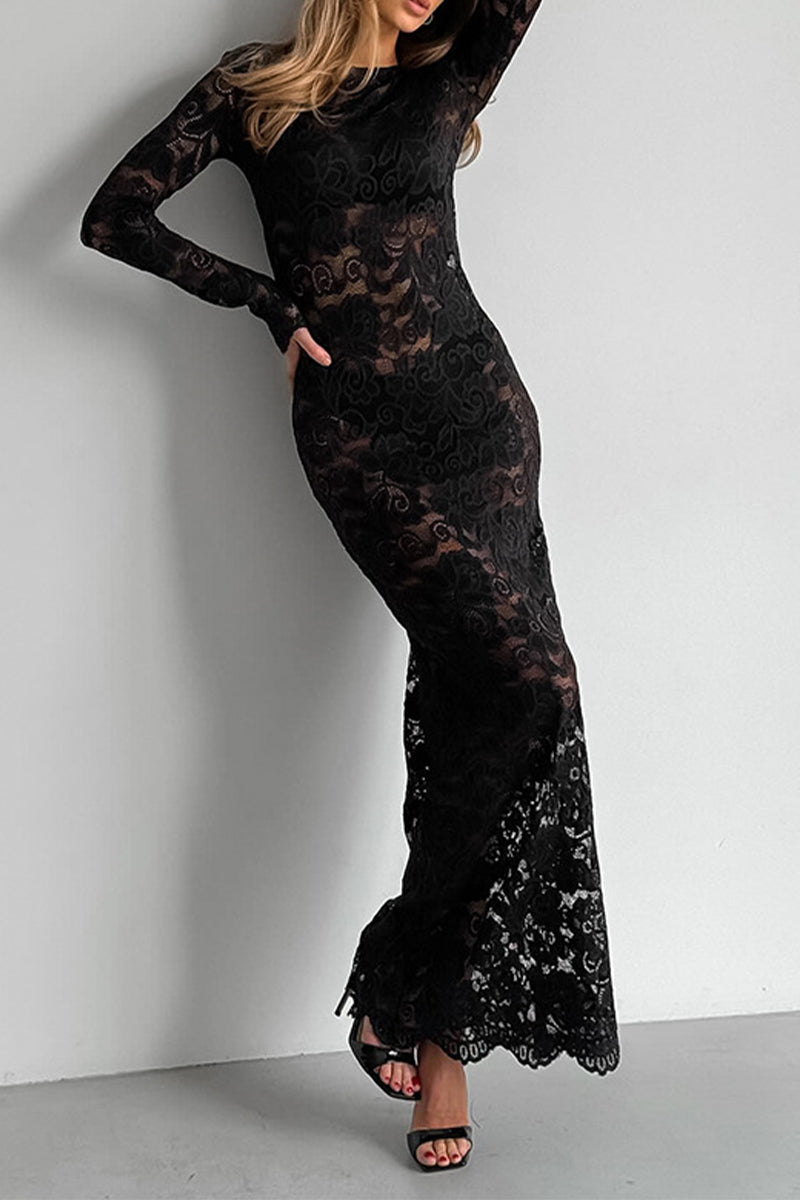 Drune | Sexy Spitze Durchsichtige O-Ausschnitt Spitzenkleid Kleider