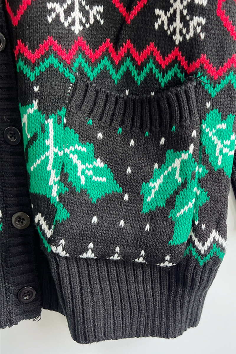 Drune | Casual Schneeflocken Weihnachtsbaum Knöpfe Gewebe Kontrast V-Ausschnitt Oberbekleidung