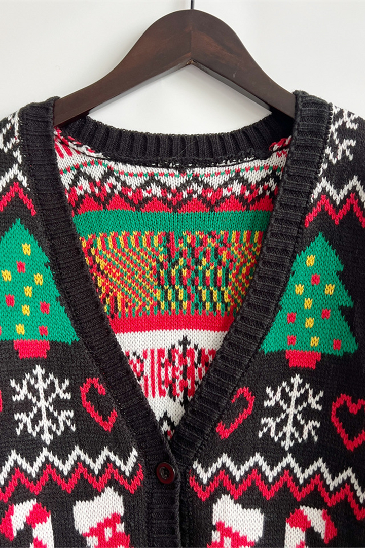 Drune | Casual Schneeflocken Weihnachtsbaum Knöpfe Gewebe Kontrast V-Ausschnitt Oberbekleidung