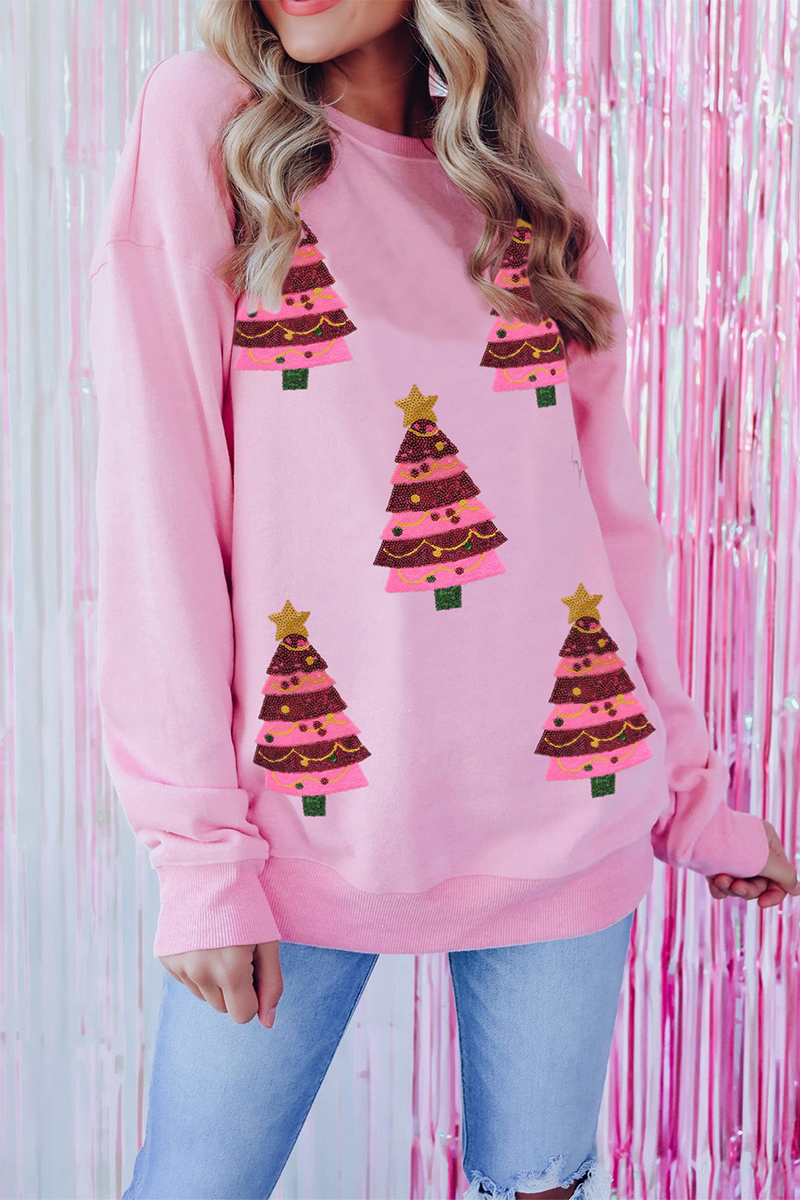 Drune | Lässiger Weihnachtbaum bestickte Pailletten Rundhalsausschnitt Sweatshirt