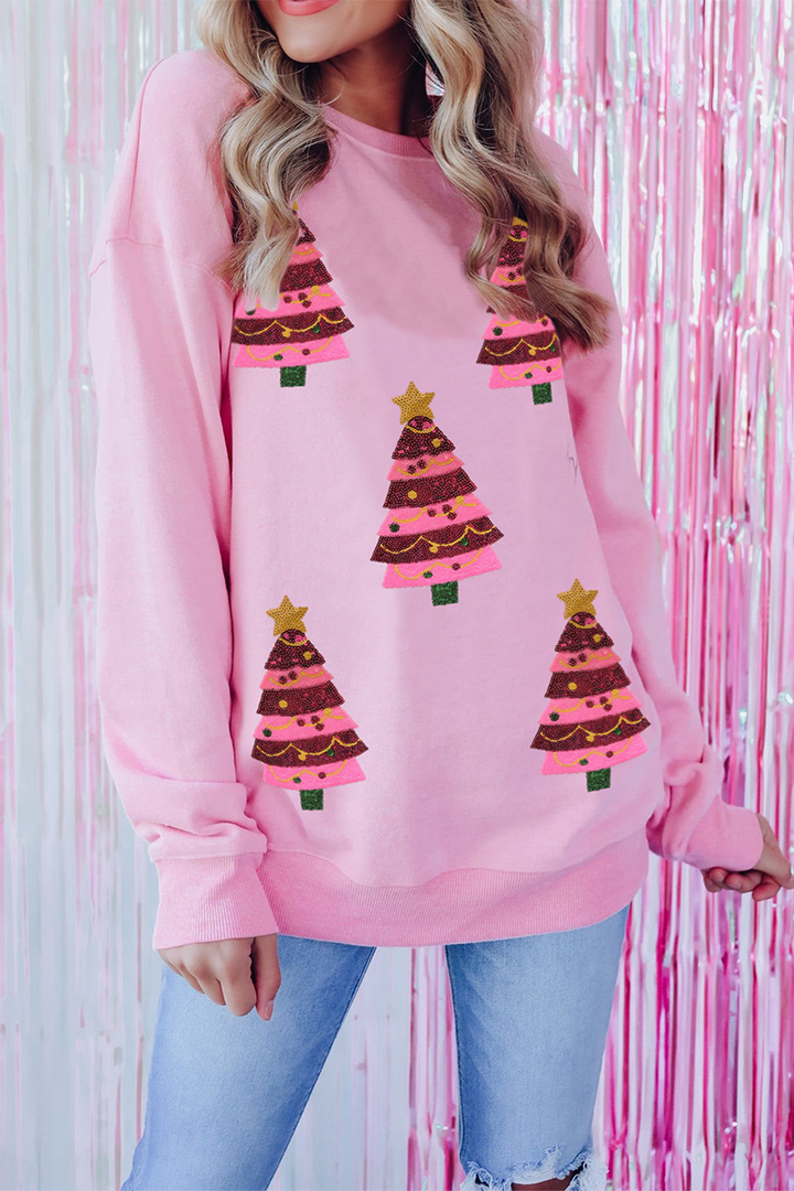 Drune | Lässiger Weihnachtbaum bestickte Pailletten Rundhalsausschnitt Sweatshirt