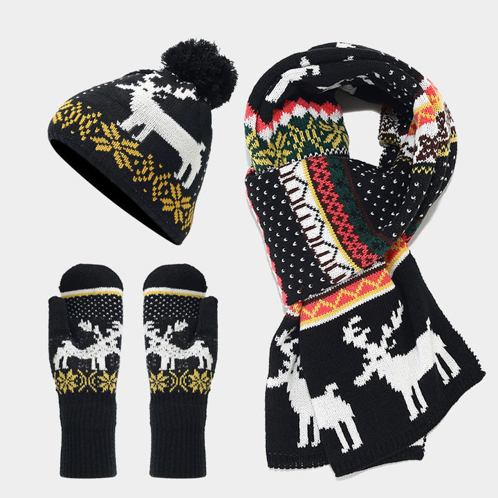 Drune | Weihnachtsrentiermuster Muster Mütze Schal Handschuhe Set (6 Farben)