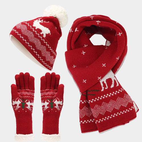 Drune | Weihnachtsrentiermuster Muster Mütze Schal Handschuhe Set (6 Farben)