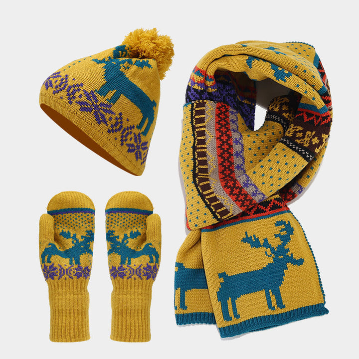 Drune | Weihnachtsrentiermuster Muster Mütze Schal Handschuhe Set (6 Farben)