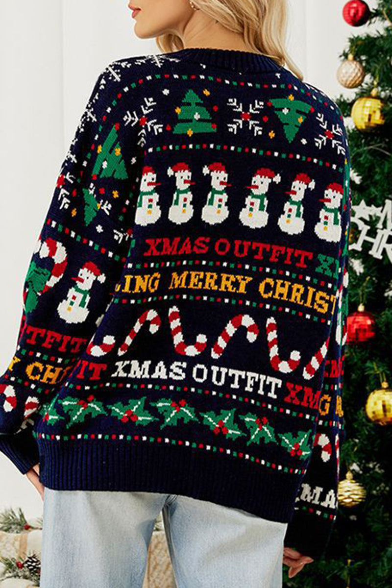 Drune | Casual Daily Schneeflocken Weihnachtsbaum Buchstaben Weben Kontrast O Hals Pullover