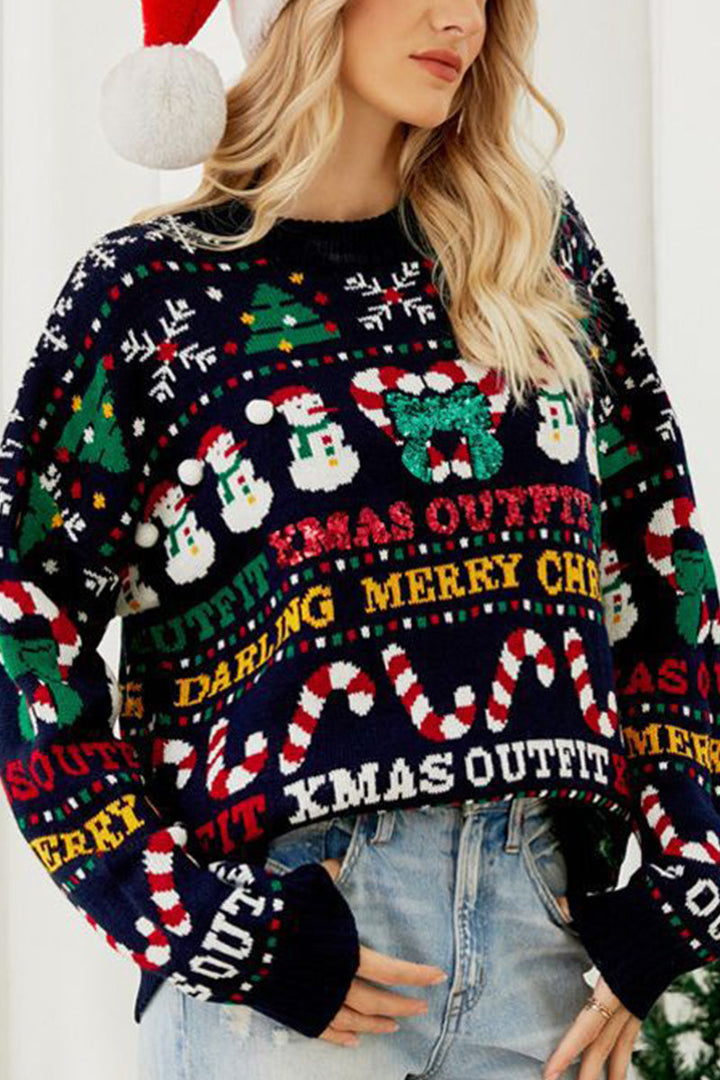 Drune | Casual Daily Schneeflocken Weihnachtsbaum Buchstaben Weben Kontrast O Hals Pullover