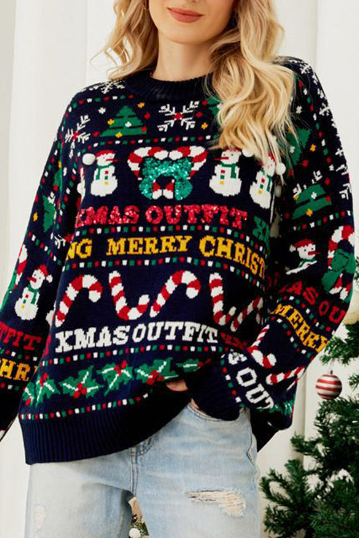 Drune | Casual Daily Schneeflocken Weihnachtsbaum Buchstaben Weben Kontrast O Hals Pullover