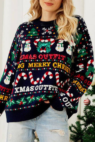 Drune | Casual Daily Schneeflocken Weihnachtsbaum Buchstaben Weben Kontrast O Hals Pullover
