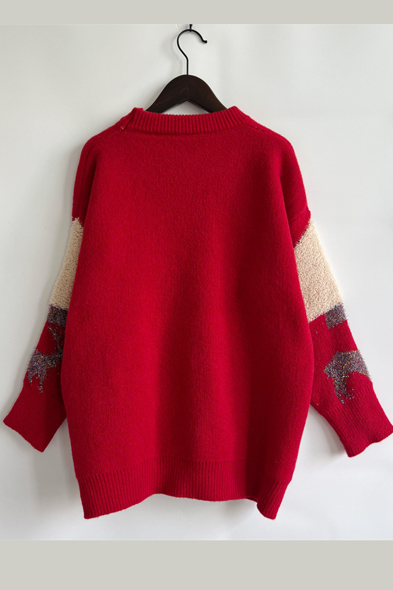 Drune | Lässiger Weihnachtsbaum Pailletten Patch Rundhals Pullover