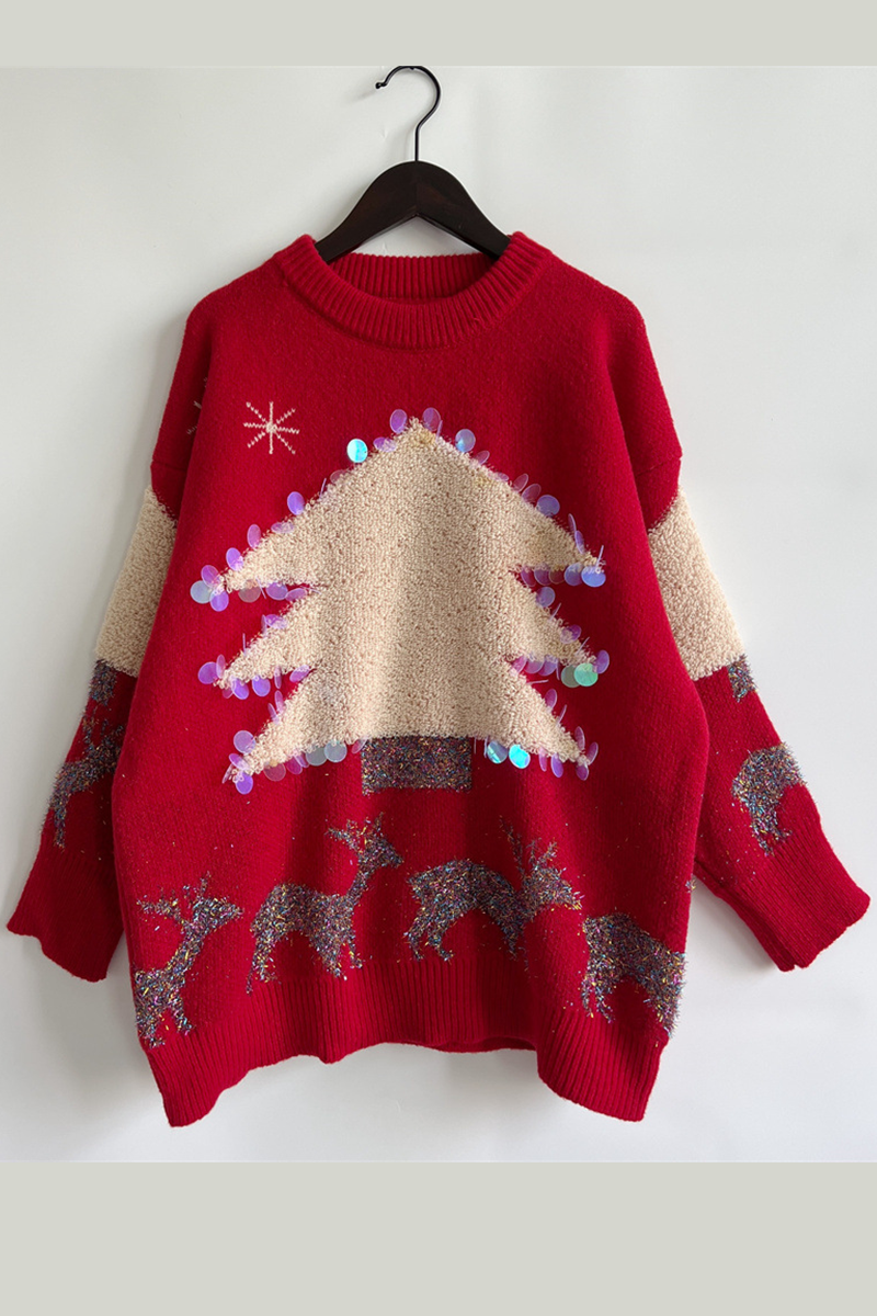 Drune | Lässiger Weihnachtsbaum Pailletten Patch Rundhals Pullover