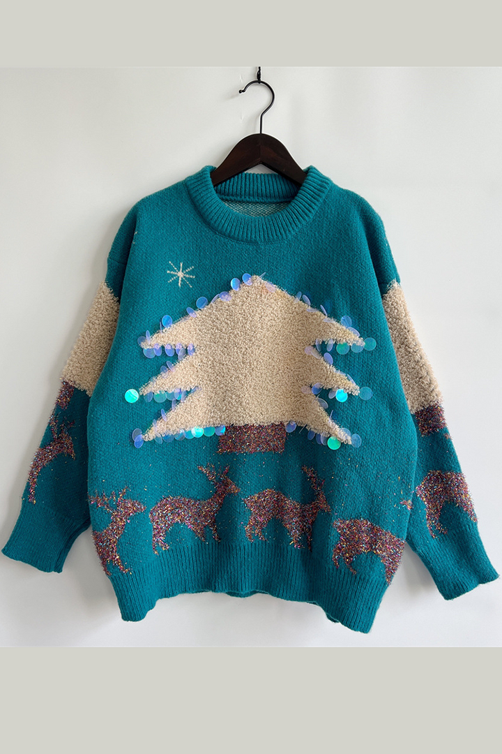 Drune | Lässiger Weihnachtsbaum Pailletten Patch Rundhals Pullover