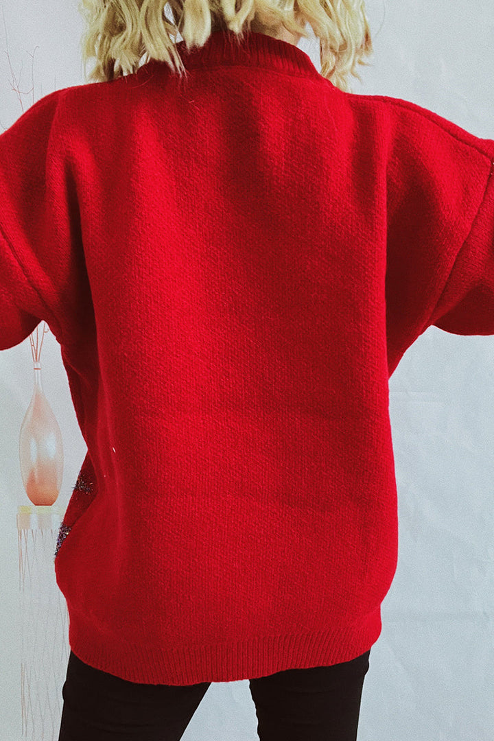 Drune | Lässiger Weihnachtsbaum Pailletten Patch Rundhals Pullover