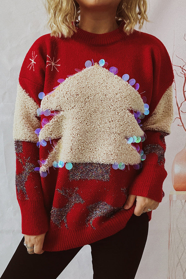 Drune | Lässiger Weihnachtsbaum Pailletten Patch Rundhals Pullover