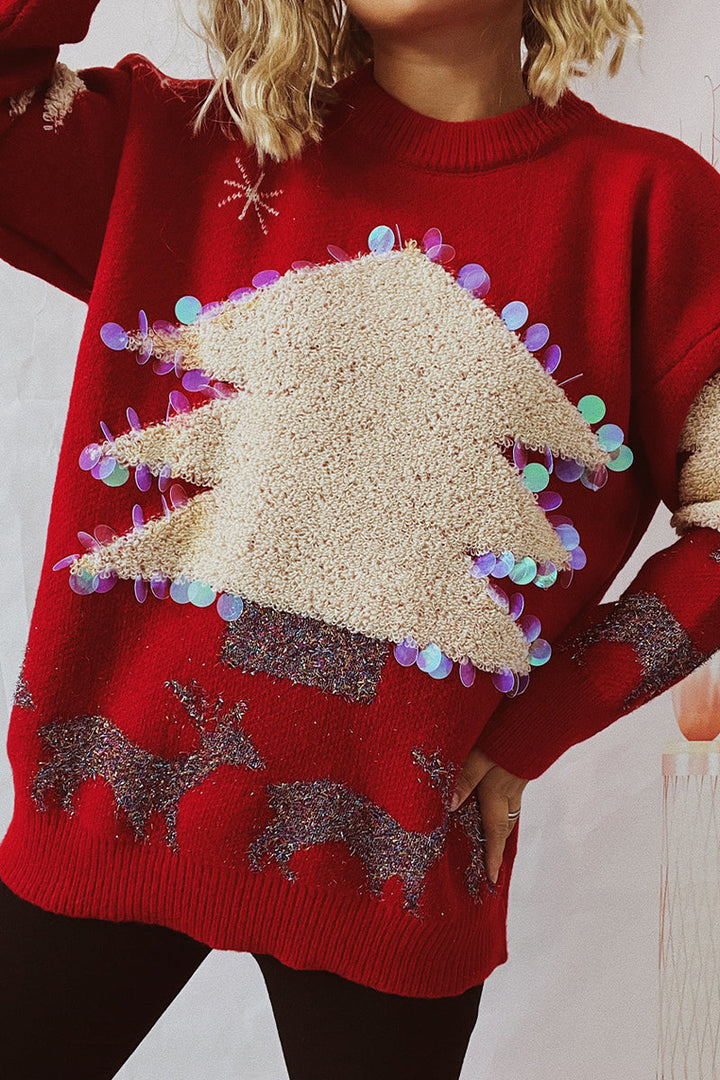 Drune | Lässiger Weihnachtsbaum Pailletten Patch Rundhals Pullover