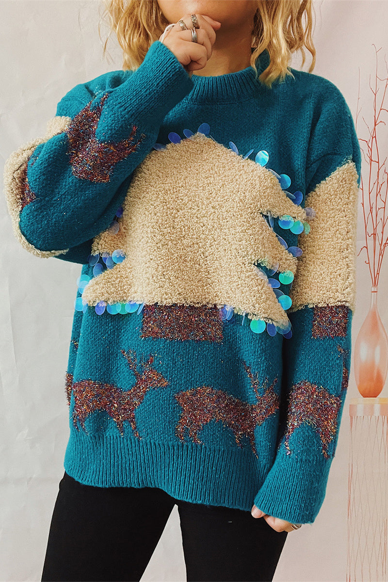 Drune | Lässiger Weihnachtsbaum Pailletten Patch Rundhals Pullover