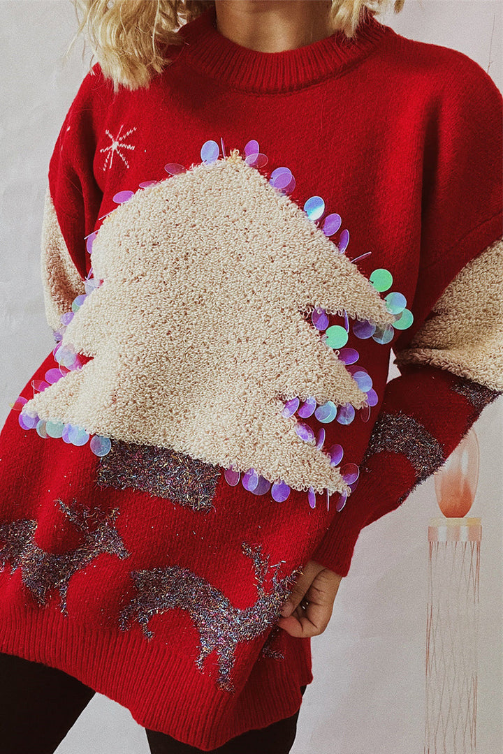 Drune | Lässiger Weihnachtsbaum Pailletten Patch Rundhals Pullover