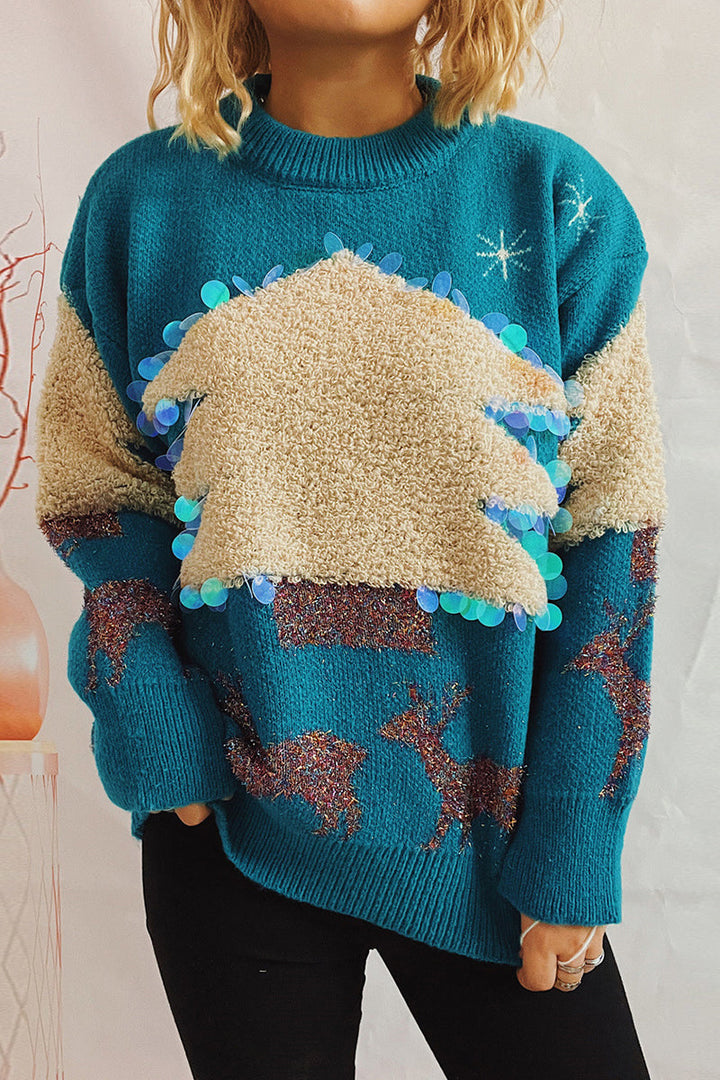 Drune | Lässiger Weihnachtsbaum Pailletten Patch Rundhals Pullover