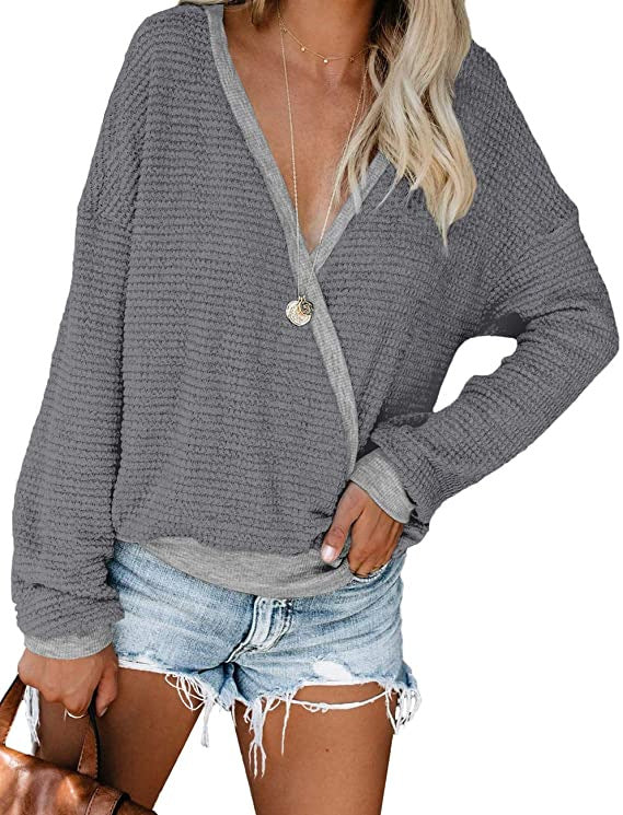 Damen Lockerer Waffelstrick-Pullover mit tiefem V-Ausschnitt und Lagen‑Look Drune
