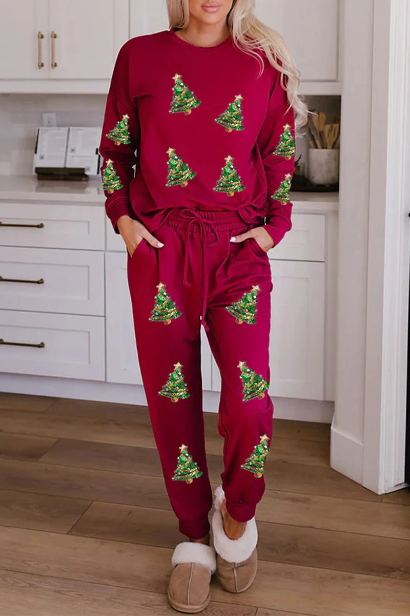Drune | Lässige Party Weihnachtsmann Weihnachtsbaum Süßigkeiten Pailletten Schnürung O-Hals Langarm Zwei Teile (3 Farben)
