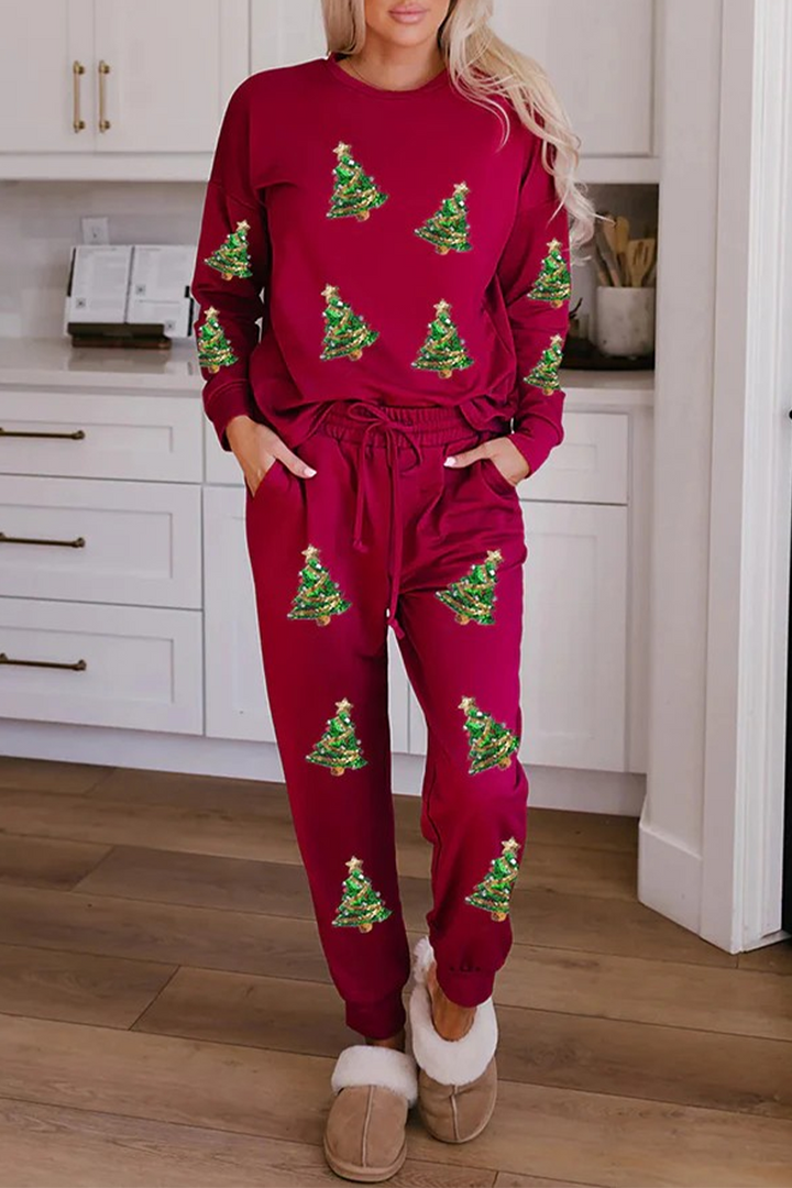 Drune | Lässige Party Weihnachtsmann Weihnachtsbaum Süßigkeiten Pailletten Schnürung O-Hals Langarm Zwei Teile (3 Farben)