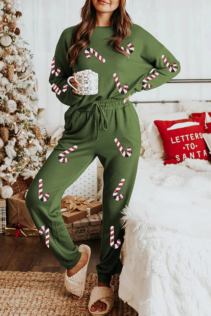 Drune | Lässige Party Weihnachtsmann Weihnachtsbaum Süßigkeiten Pailletten Schnürung O-Hals Langarm Zwei Teile (3 Farben)