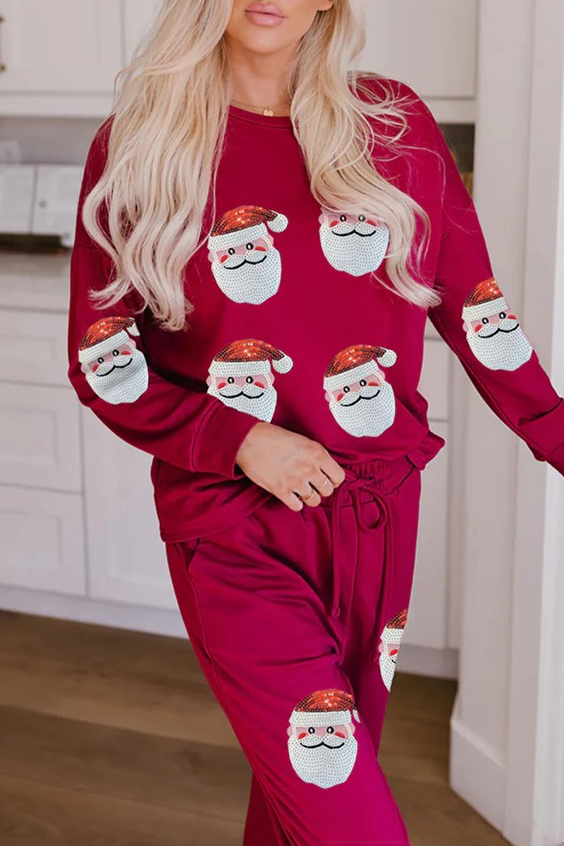 Drune | Lässige Party Weihnachtsmann Weihnachtsbaum Süßigkeiten Pailletten Schnürung O-Hals Langarm Zwei Teile (3 Farben)