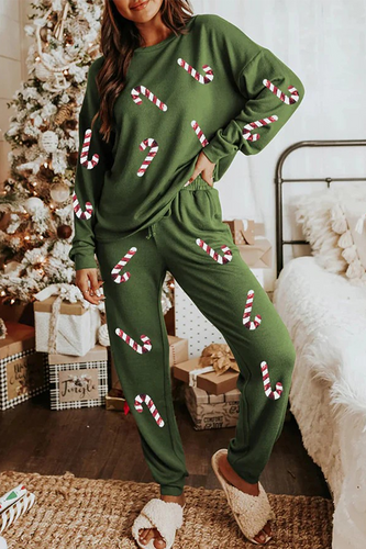 Drune | Lässige Party Weihnachtsmann Weihnachtsbaum Süßigkeiten Pailletten Schnürung O-Hals Langarm Zwei Teile (3 Farben)