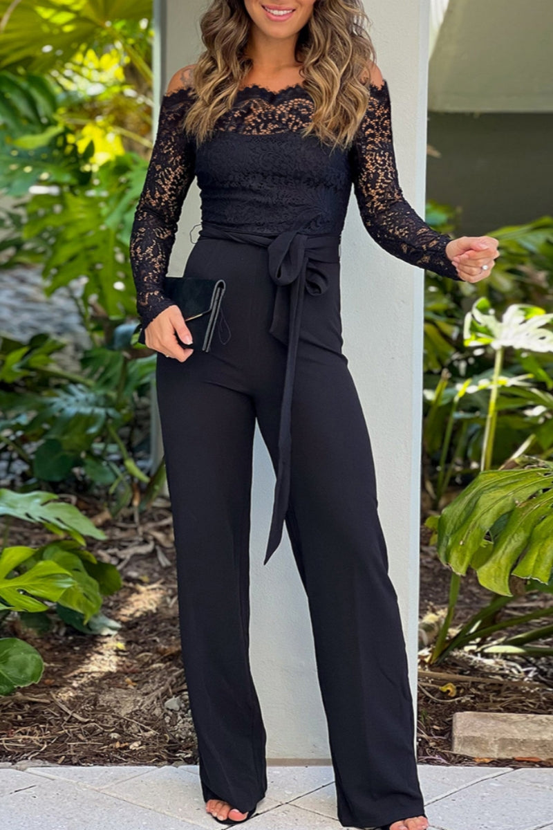Drune | Sexy Casual Elegant Spitzen-Patchwork Rückenfrei Schulterfrei Bodycon Jumpsuits