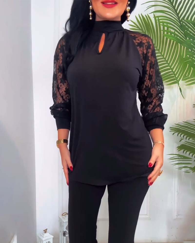 Drune | Mode Einfarbig Häkelspitze Ärmel Patchwork