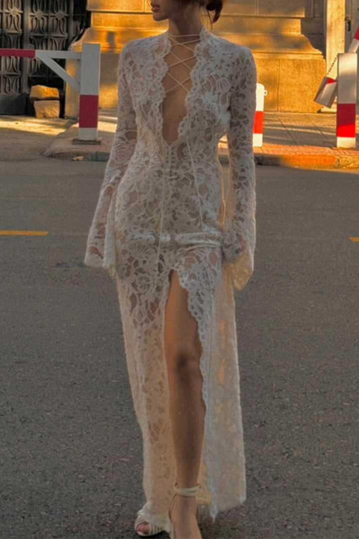 Drune | Sexy Spitze Durchsichtige Trägerdesign V-Ausschnitt Spitze Kleid Kleider