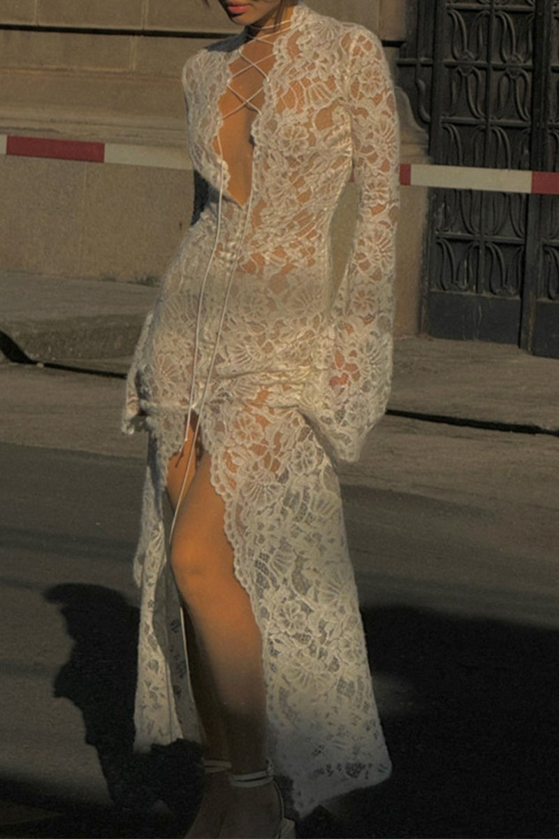 Drune | Sexy Spitze Durchsichtige Trägerdesign V-Ausschnitt Spitze Kleid Kleider