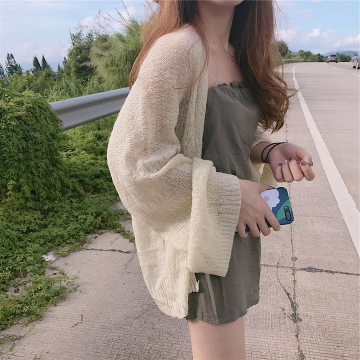Damen luftiger Strickcardigan mit offener Front und weiten Ärmeln Drune