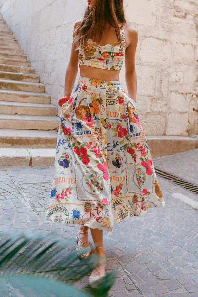 Drune | Elegantes zweiteiliges Set mit Floralprint, Taschen, Rüschen und Quadratausschnitt