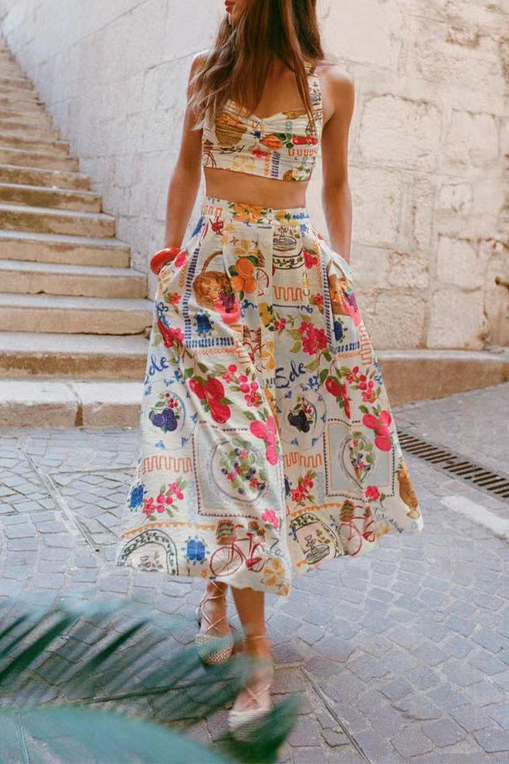 Drune | Elegantes zweiteiliges Set mit Floralprint, Taschen, Rüschen und Quadratausschnitt