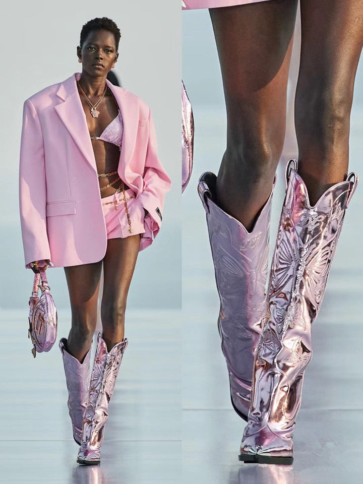 Drune | Frauen Hochhackige Metall Spitz Zehen Schleife Bestickte Stiefel