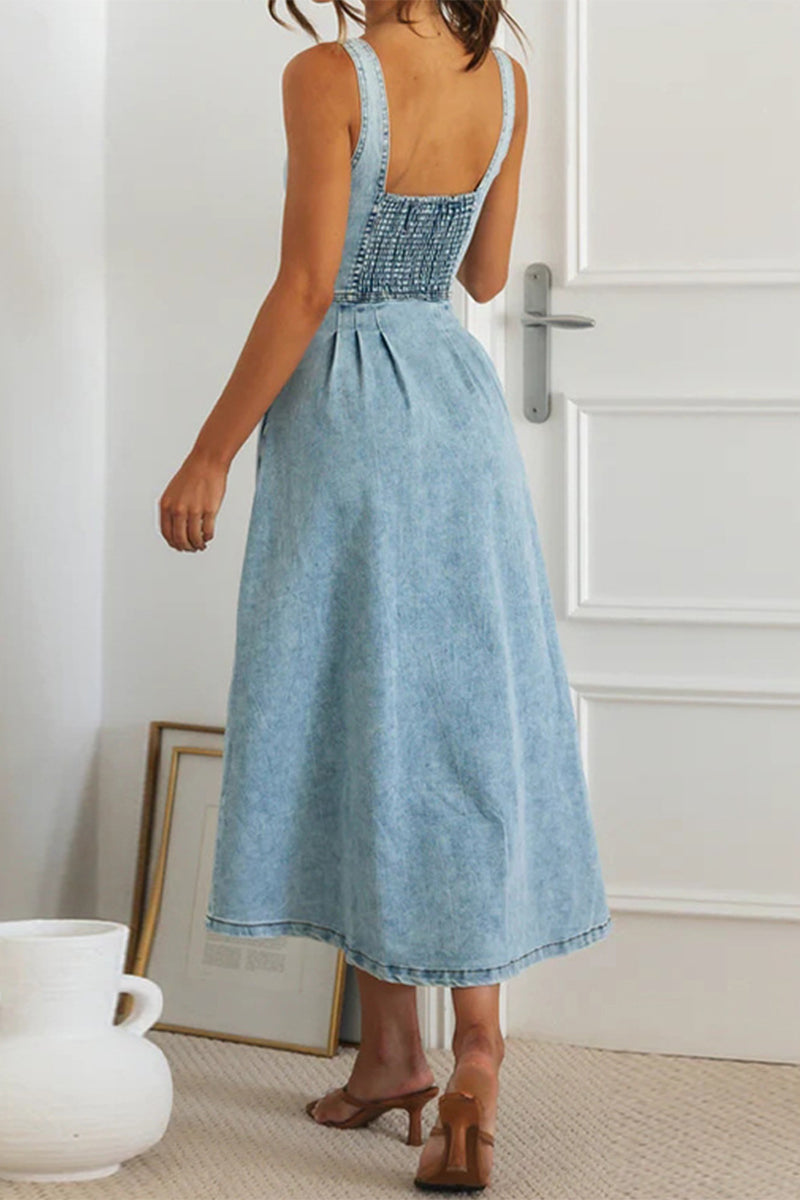 Drune | Elegante Einfarbige Knöpfe Patchwork V-Ausschnitt Ärmellose Denim Kleider
