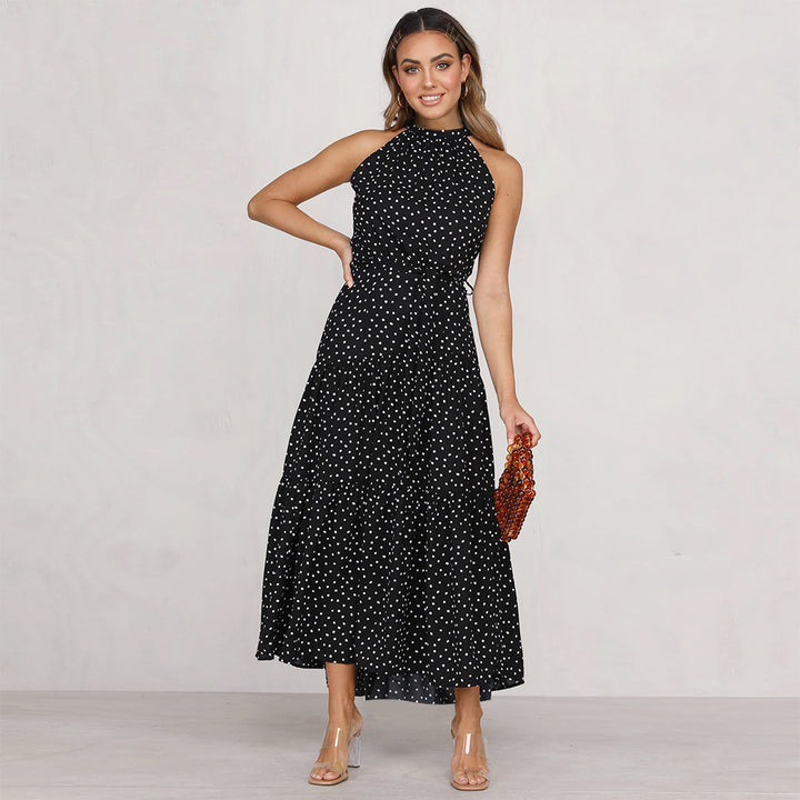 Damen Maxikleid mit Punkten und verstellbarem Bindegürtel Drune