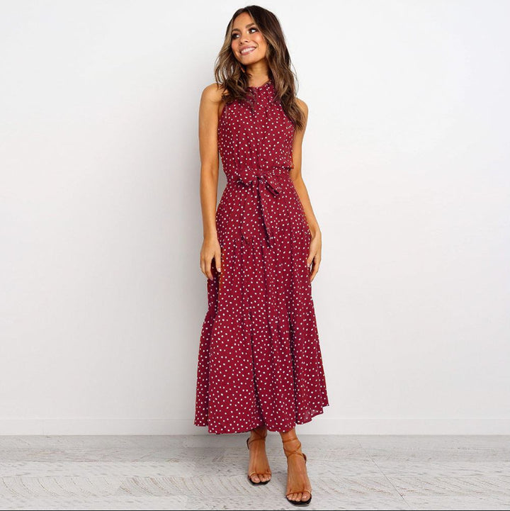 Damen Maxikleid mit Punkten und verstellbarem Bindegürtel Drune