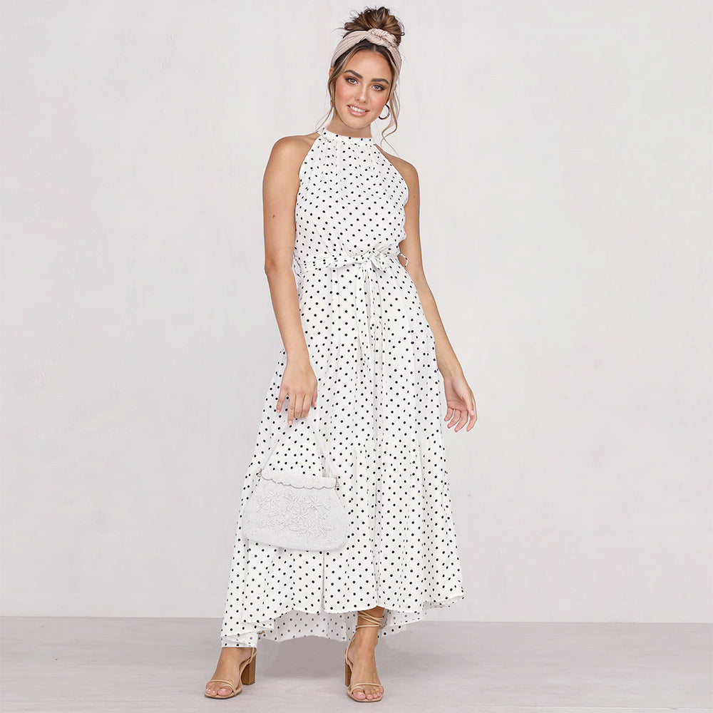 Damen Maxikleid mit Punkten und verstellbarem Bindegürtel Drune