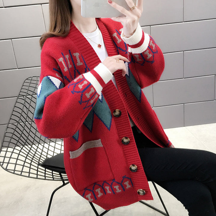 Damen gemusterte Strickjacke mit großen Taschen und Knopfdetails Drune
