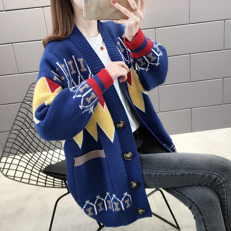 Damen gemusterte Strickjacke mit großen Taschen und Knopfdetails Drune
