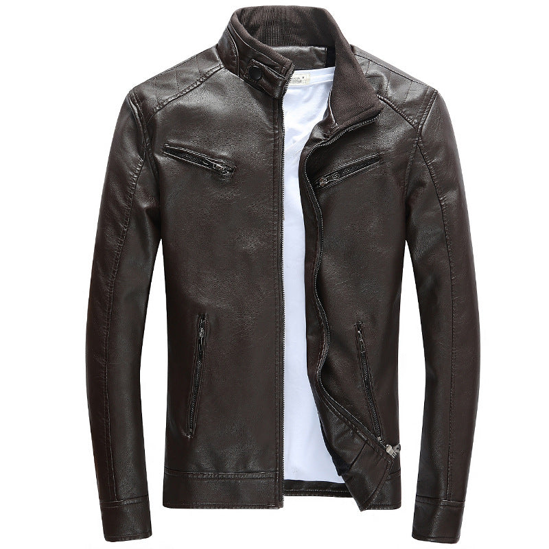 Herren Lederimitat-Bikerjacke mit Stehkragen, Reißverschlusstaschen und schlanker Passform Drune