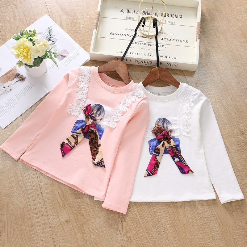 Mädchen Langarmshirt mit verspieltem Spitzenbesatz und modischem Schleifendetail Drune