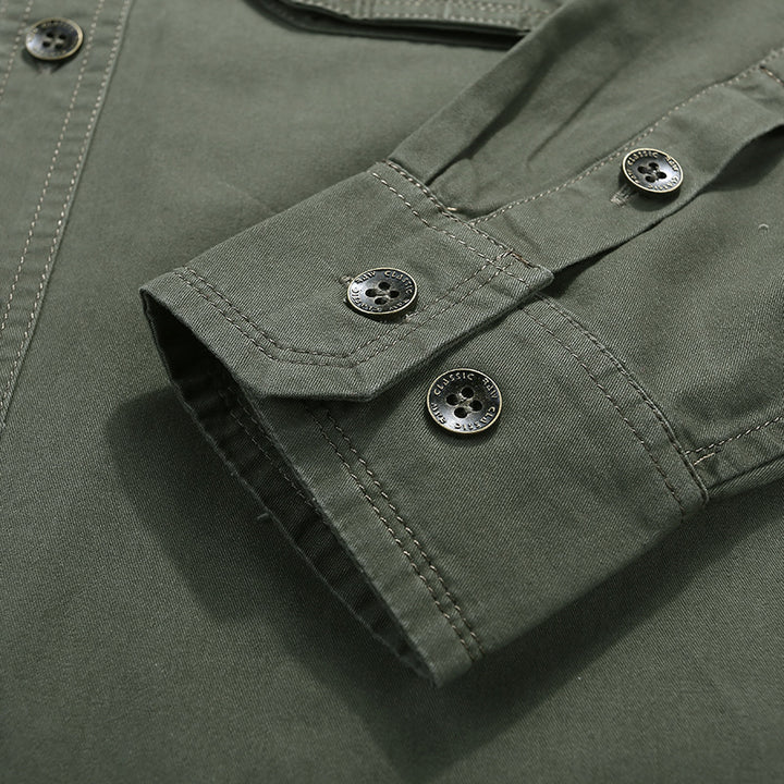 Herren Baumwoll-Utility-Hemd mit Druckknopf‑Brusttaschen und Stehkragen Drune